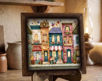 Framed Floral Village Art Print | Whimsical Cottage Street Scene Easel Sign