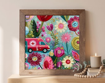 Floral Ambulance Wood Sign | Freestanding Shelf Sitter & Wall Art | Whimsical EMS Decor | First Responder Gift | Paramedic Art
