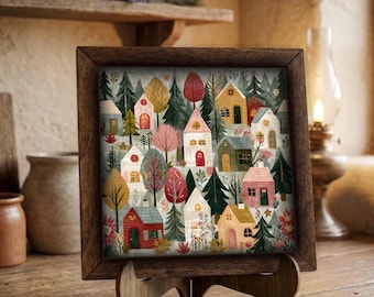 Framed Autumn Village Art Print | Cozy Forest Cottage Wall Decor, Easel Sign