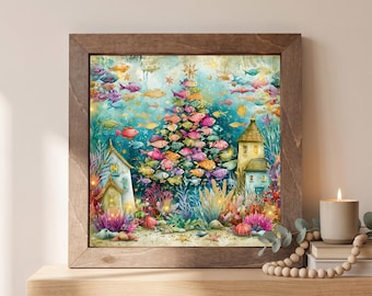 Underwater Christmas Wood Sign | Freestanding Shelf Sitter & Wall Art | Coastal Holiday Decor | Fish Lover Gift | Whimsical Shelf Art