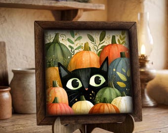 Framed Black Cat Pumpkin Art Print | Fall Autumn Decor, Easel Sign