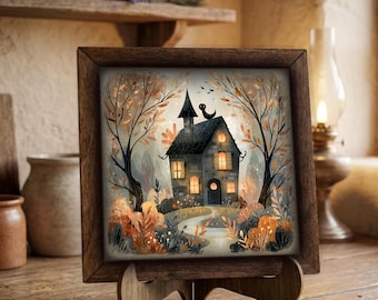 Framed Autumn Haunted House Art Print | Spooky Fall Wall Decor, Easel Sign