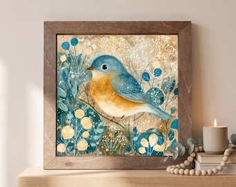 Blue Bird Wood Sign | Freestanding Shelf Sitter & Wall Art | Folk Art Decor | Bird Lover Gift | Whimsical Shelf Art