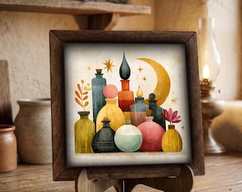 Framed Apothecary Bottles Art Print | Moon & Stars Celestial Wall Decor