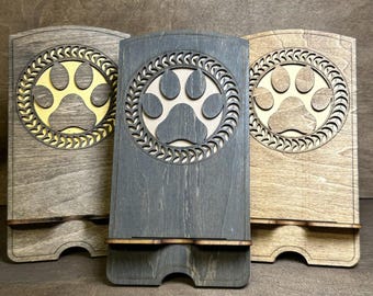 Paw Print Cell Phone Stand SVG File: Laser Cut Dog Lover Gift (3mm Wood)