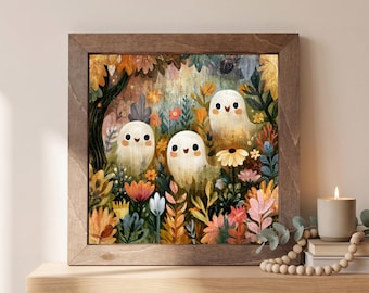 Ghost Garden Wood Sign | Freestanding Shelf Sitter & Wall Art | Whimsical Halloween Decor | Halloween Lover Gift | Floral Ghost Decor