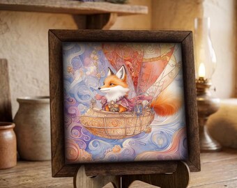 Framed Fox Hot Air Balloon Art Print | Whimsical Nursery Decor
