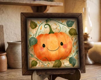 Framed Smiling Pumpkin Art Print | Whimsical Fall Wall Decor, Easel Sign