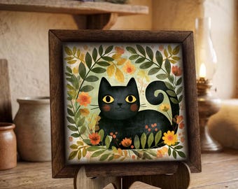 Framed Black Cat Art Print | Folk Art Floral Wall Decor, Easel Sign