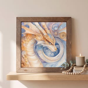 May include: A square framed wall art piece featuring a detailed illustration of a dragon with golden scales and blue eyes. The dragon is surrounded by swirling blue and cream patterns, including circular motifs and clock-like gear elements.