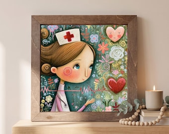 Nurse Wood Sign | Freestanding Shelf Sitter & Wall Art | Whimsical Medical Decor | Nurse Appreciation Gift | Floral Portrait Art