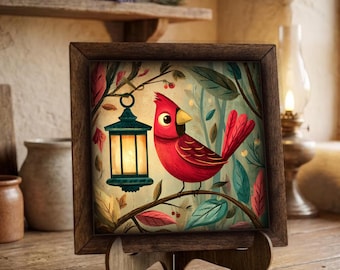 Framed Cardinal Bird Art Print | Whimsical Nature Wall Decor, Easel Sign