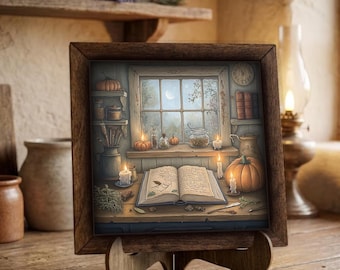 Framed Halloween Window Art Print | Whimsical Autumn Cottage Decor, Easel Sign