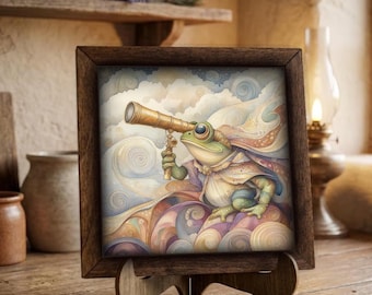 Framed Steampunk Frog Art Print | Whimsical Fantasy Wall Decor, Easel Sign