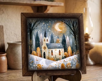 Framed Winter Church Art Print | Snowy Night Chapel Easel Sign