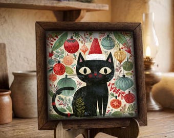Framed Black Cat Christmas Art Print | Holiday Ornament Wall Decor