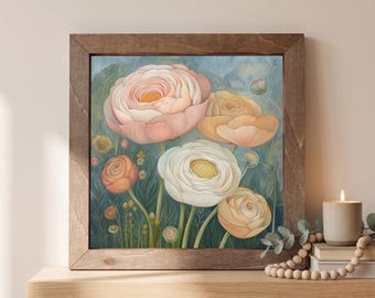 Ranunculus Wood Sign | Freestanding Shelf Sitter & Wall Art | Soft Floral Decor | Flower Lover Gift | Whimsical Botanical Art