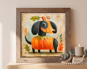Dachshund Pumpkin Wood Sign | Freestanding Shelf Sitter & Wall Art | Fall Dog Decor | Dog Lover Gift | Pumpkin Shelf Art
