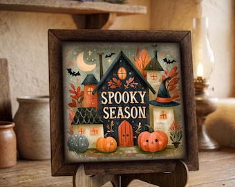 Spooky Season Framed Art Print | Halloween Haunted House Sign, Easel Decor