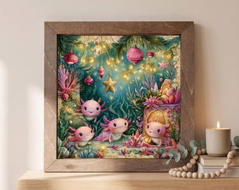 Axolotl Christmas Wood Sign | Freestanding Shelf Sitter & Wall Art | Underwater Holiday Decor | Axolotl Lover Gift | Cozy Shelf Art