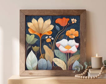 Dark Botanical Wood Sign | Freestanding Shelf Sitter & Wall Art | Moody Floral Decor | Flower Lover Gift | Orange Bloom Art