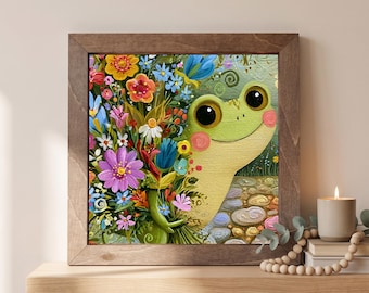 Frog Wood Sign | Freestanding Shelf Sitter & Wall Art | Floral Cottage Decor | Frog Lover Gift | Cottage Shelf Art