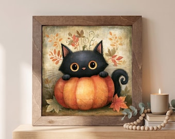Framed Black Cat & Pumpkin Art Print | Autumn Fall Wall Decor