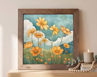 Golden Cosmos Wood Sign | Freestanding Shelf Sitter & Wall Art | Floral Meadow Decor | Flower Lover Gift | Yellow Bloom Art