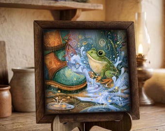 Framed Frog Art Print | Whimsical Rain Boot Wall Decor (Easel Included)