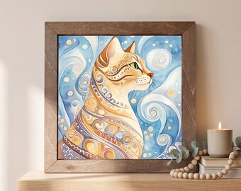 Boho Cat Wood Sign | Freestanding Shelf Sitter & Wall Art | Bohemian Whimsical Decor | Cat Lover Gift | Boho Shelf Art