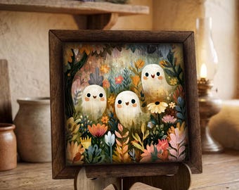 Framed Ghost Garden Art Print | Whimsical Floral Wall Decor, Easel Sign