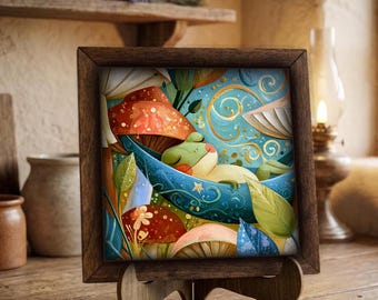 Framed Frog & Mushroom Art Print | Whimsical Cottage (Easel Included) | Gift for Frog Lover | Tiered Tray Decor