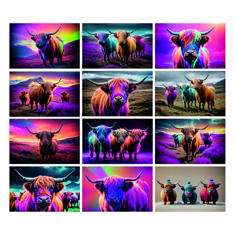 Neon Highland Cows Standing in a Field Print neon Coos 2 Etsy