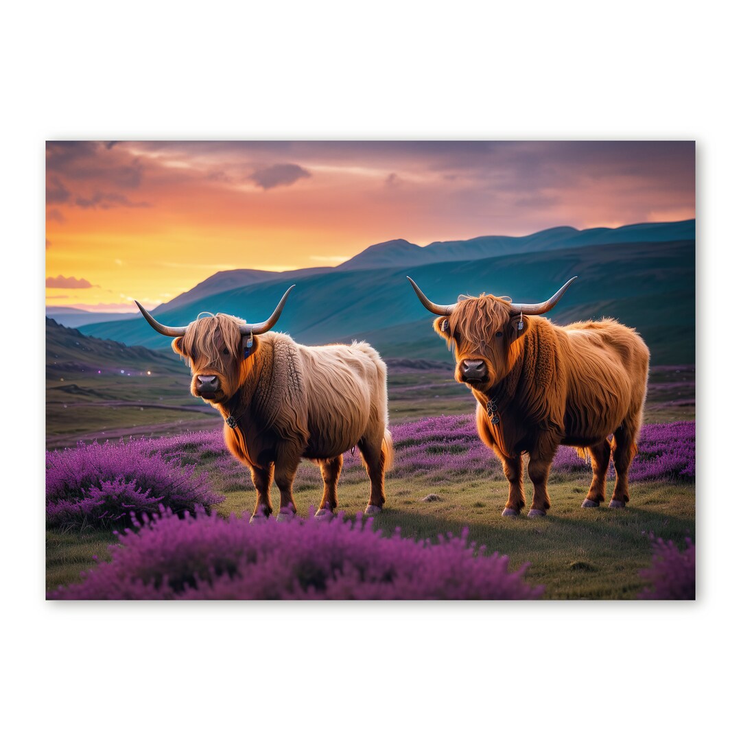 Two Highland Cows Standing in a Field of Heather in the Scottish ...
