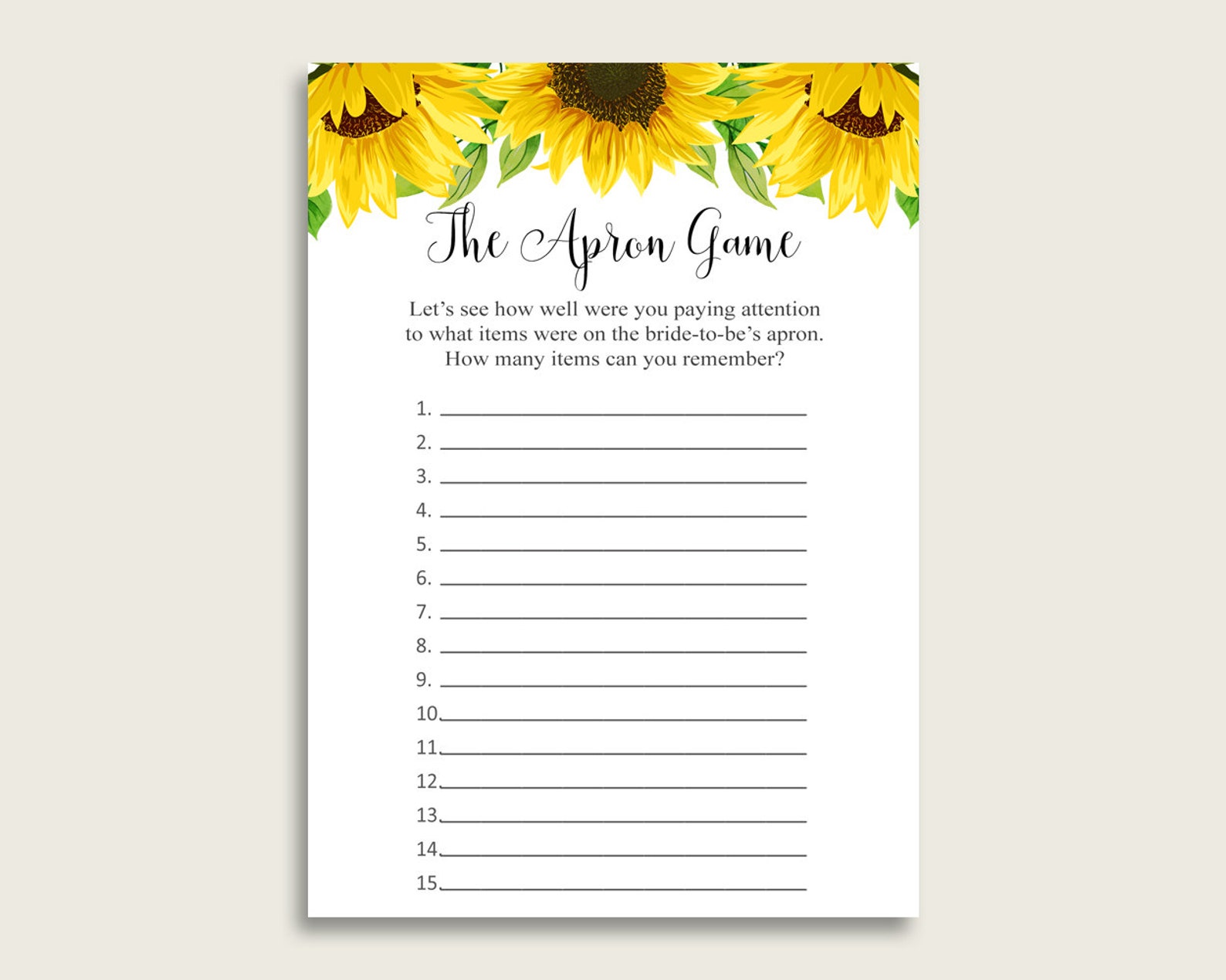Sunflower Bridal Shower Apron Game Printable Yellow White - Etsy