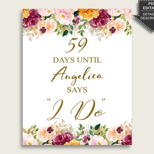 Romantic Floral Bridal Shower Days Until I Do Sign Editable, Rose Gold Pink Countdown Sign Printable, Bachelorette Sign, Instant C0CS5
