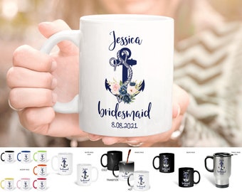 Nautical Anchor Bridesmaid Mug for Tea Coffee, Blue Beige Wedding Gift Favor Cup, Personalized Bridal Shower Mug, Travel Mugs, 87BSZ