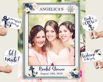 Printed Nautical Anchor Bridal Shower Photo Booth Frame, Bachelorette Selfie Frame, Blue Beige Photo Prop, Waterproof, Navy Flowers 87BSZ