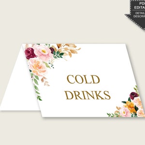Romantische Florale Essenszeltkarten, Rose Gold Pink Tischzelt Tischkarten bearbeitbar, Brautparty Food Labels, Namenskarten C0CS5