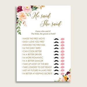 Romantic Floral Bridal Shower He Said She Said Game, Rose Gold Pink Gues Who Said It Printable, Bride Or Groom, Instant Download, C0CS5