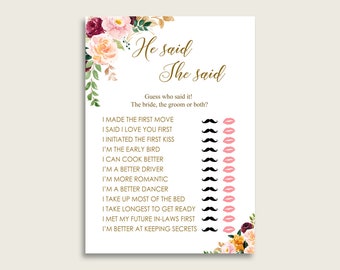 Romantic Floral Bridal Shower He Said She Said Game, Rose Gold Pink Gues Who Said It Printable, Bride Or Groom, Instant Download, C0CS5