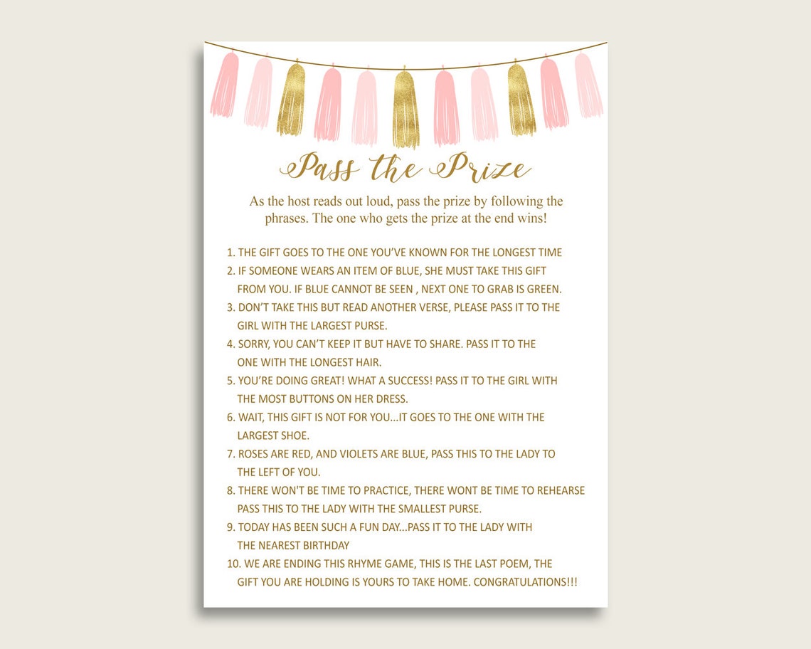 Tassels Bridal Shower Pass The Prize Game Pink Gold Pass The Etsy