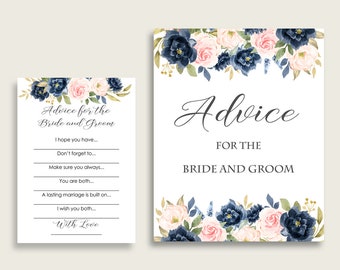 Navy Blush Floral Bridal Shower Advice For The Bride And Groom Cards & Sign, Blue Pink Words Of Advice Printable, Instant Download, UY5IG