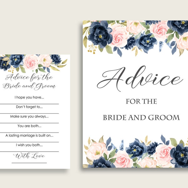 Navy Blush Floral Bridal Shower Advice For The Bride And Groom Cards & Sign, Blue Pink Words Of Advice Printable, Instant Download, UY5IG