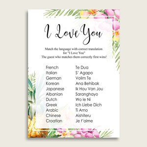 Tropical I Love You Around The World, Green Pink Bridal Shower Game Printable, Different Languages, Bachelorette Party, Instant ARTAN