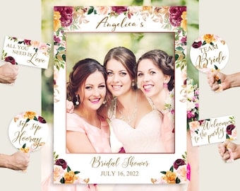 Printed Romantic Floral Bridal Shower Photo Booth Frame, Bachelorette Selfie Frame, Rose Gold Pink Photo Prop, Waterproof, C0CS5