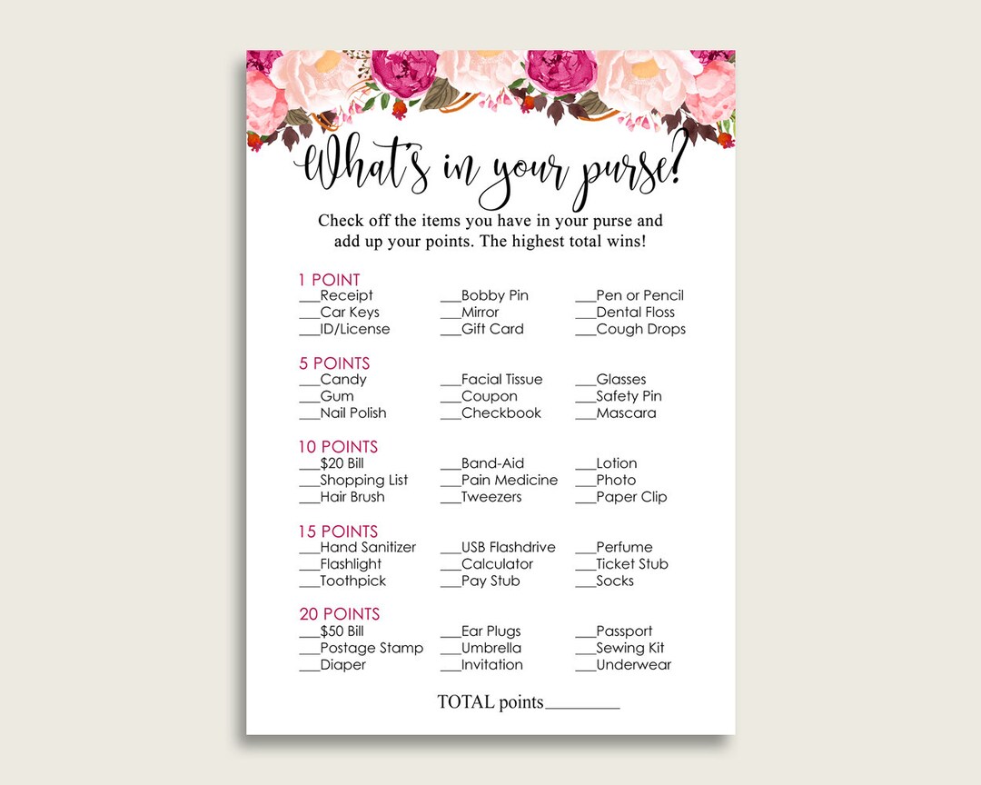 Bohemian Whats in Your Purse Game, Pink Beige Bridal Shower Printable