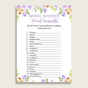 Purple Floral Bridal Shower Word Scramble Game, Purple Yellow Word Scramble Printable, Bachelorette Party, Instant Download, WEE0X