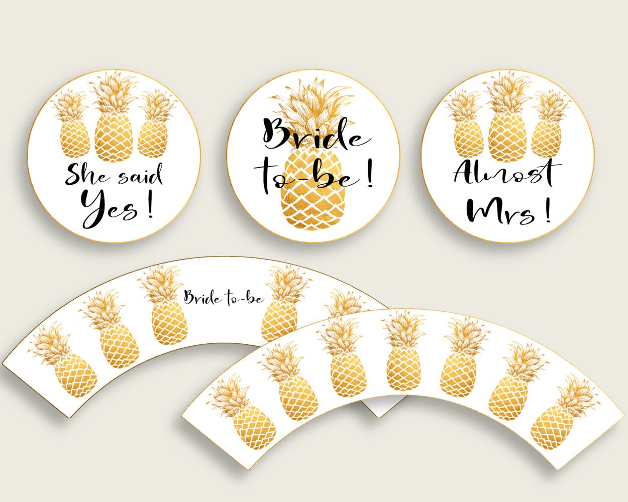 Pineapple Bridal Shower Cupcake Toppers Printable Gold White Bridal Shower Cupcake Wrappers Instant Download Aloha Summer