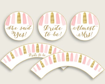 Tassels Bridal Shower Cupcake Toppers Printable, Pink Gold Bridal Shower Cupcake Wrappers, Instant Download, Garland Glitter Blush RBZRX